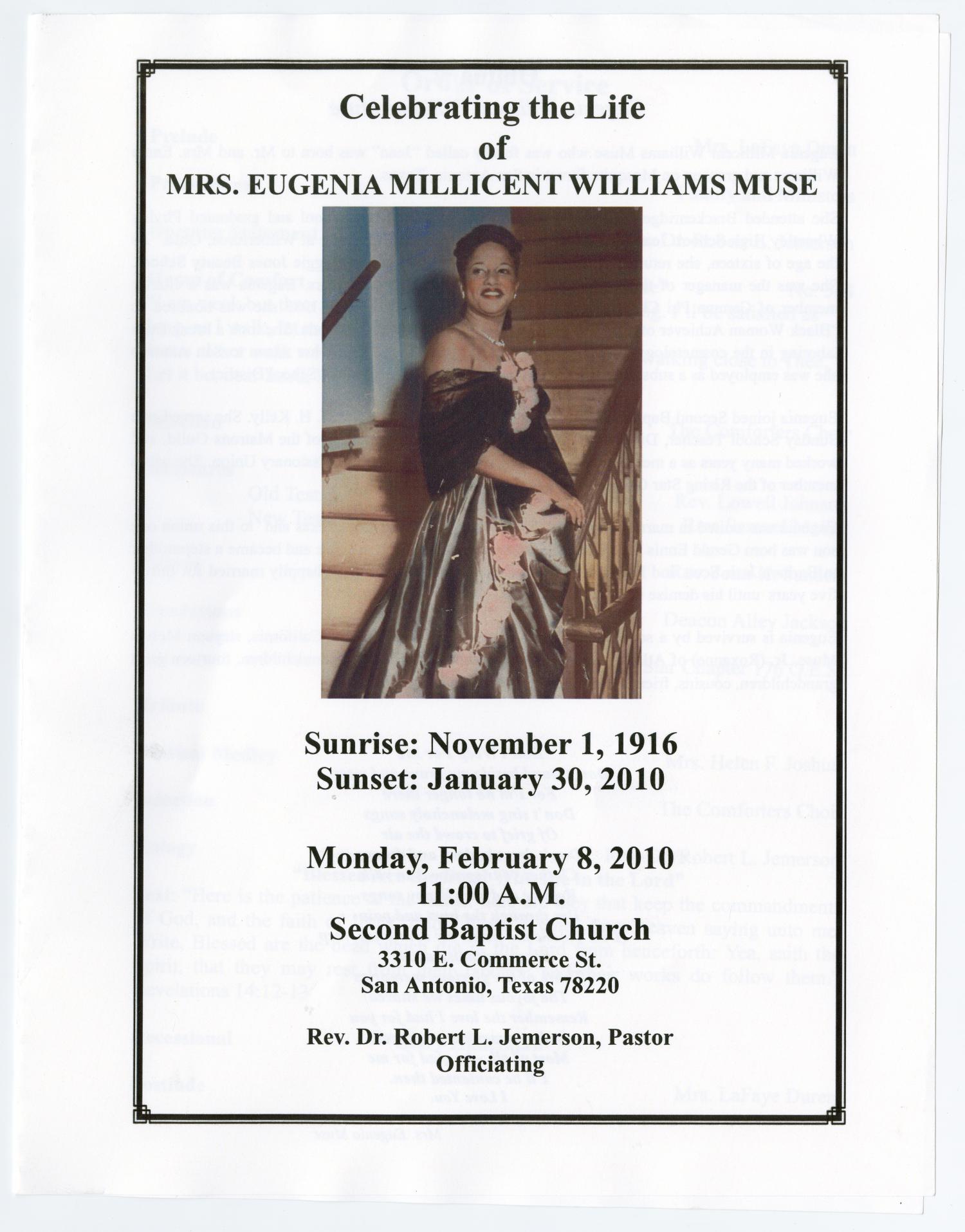 [Funeral Program for Eugenia Millicent Williams Muse, February 8, 2010]
                                                
                                                    [Sequence #]: 1 of 4
                                                