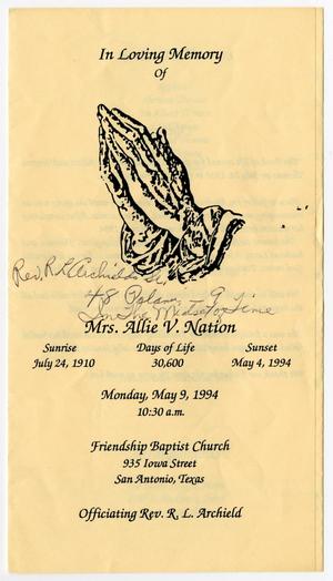 Primary view of object titled '[Funeral Program for Allie V. Nation, May 9, 1994]'.