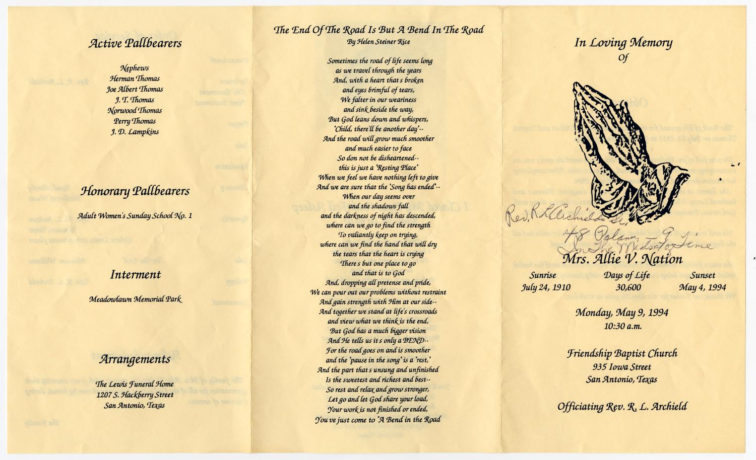 [Funeral Program for Allie V. Nation, May 9, 1994]
                                                
                                                    [Sequence #]: 3 of 3
                                                
