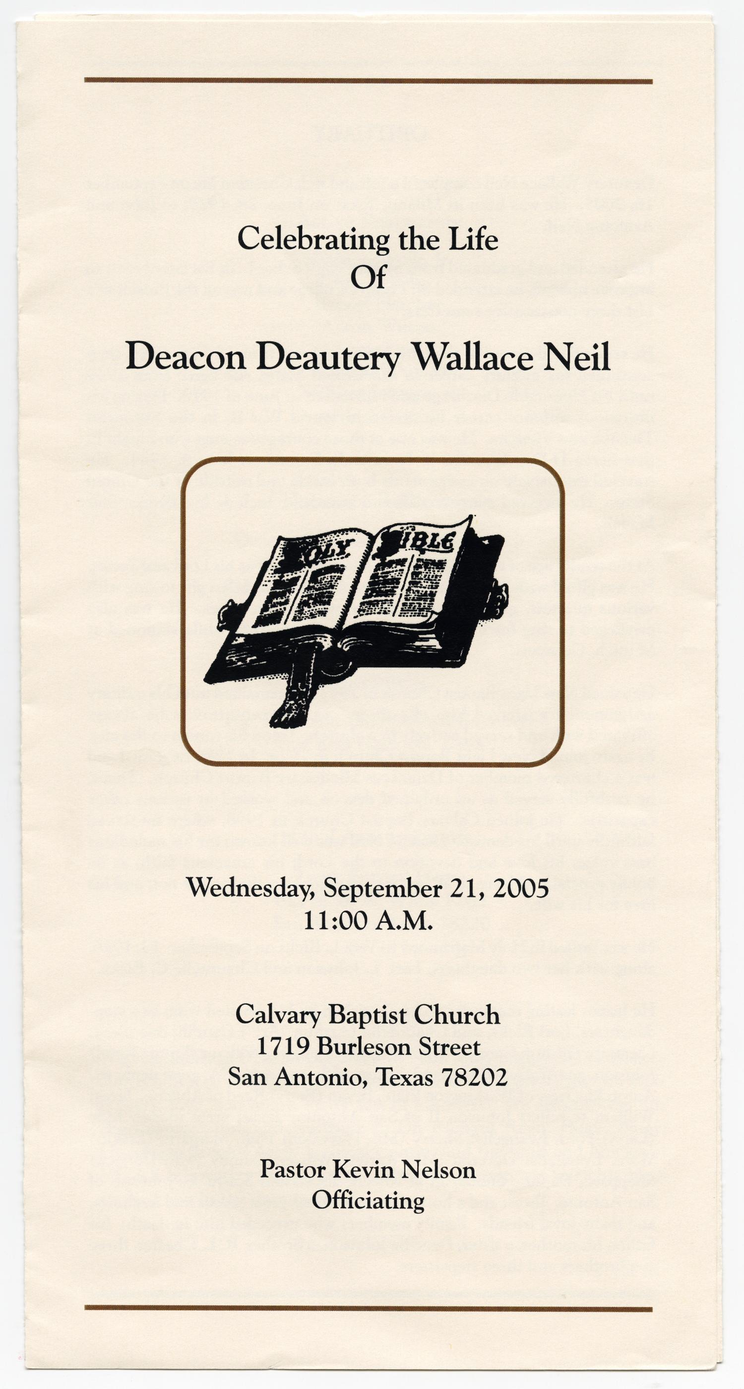 [Funeral Program for Deautery Wallace Neil, September 21, 2005]
                                                
                                                    [Sequence #]: 1 of 3
                                                