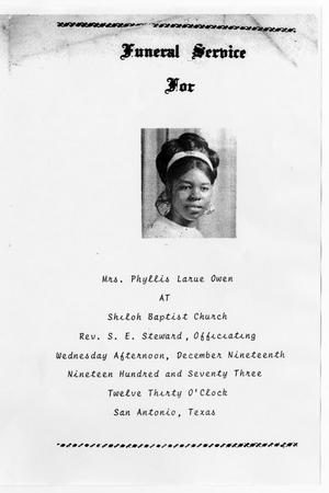 Primary view of object titled '[Funeral Program for Phyllis Larue Owen, December 19, 1973]'.