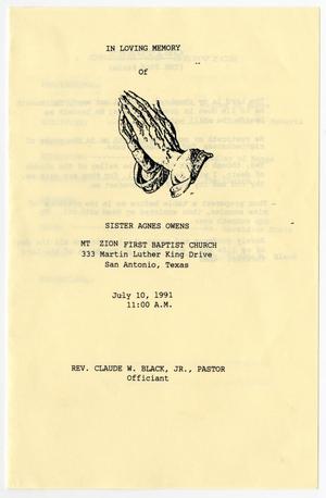 Primary view of object titled '[Funeral Program for Agnes Owens, July 10, 1991]'.