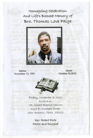 Primary view of object titled '[Funeral Program for Thomas Love Paige, November 5, 2010]'.