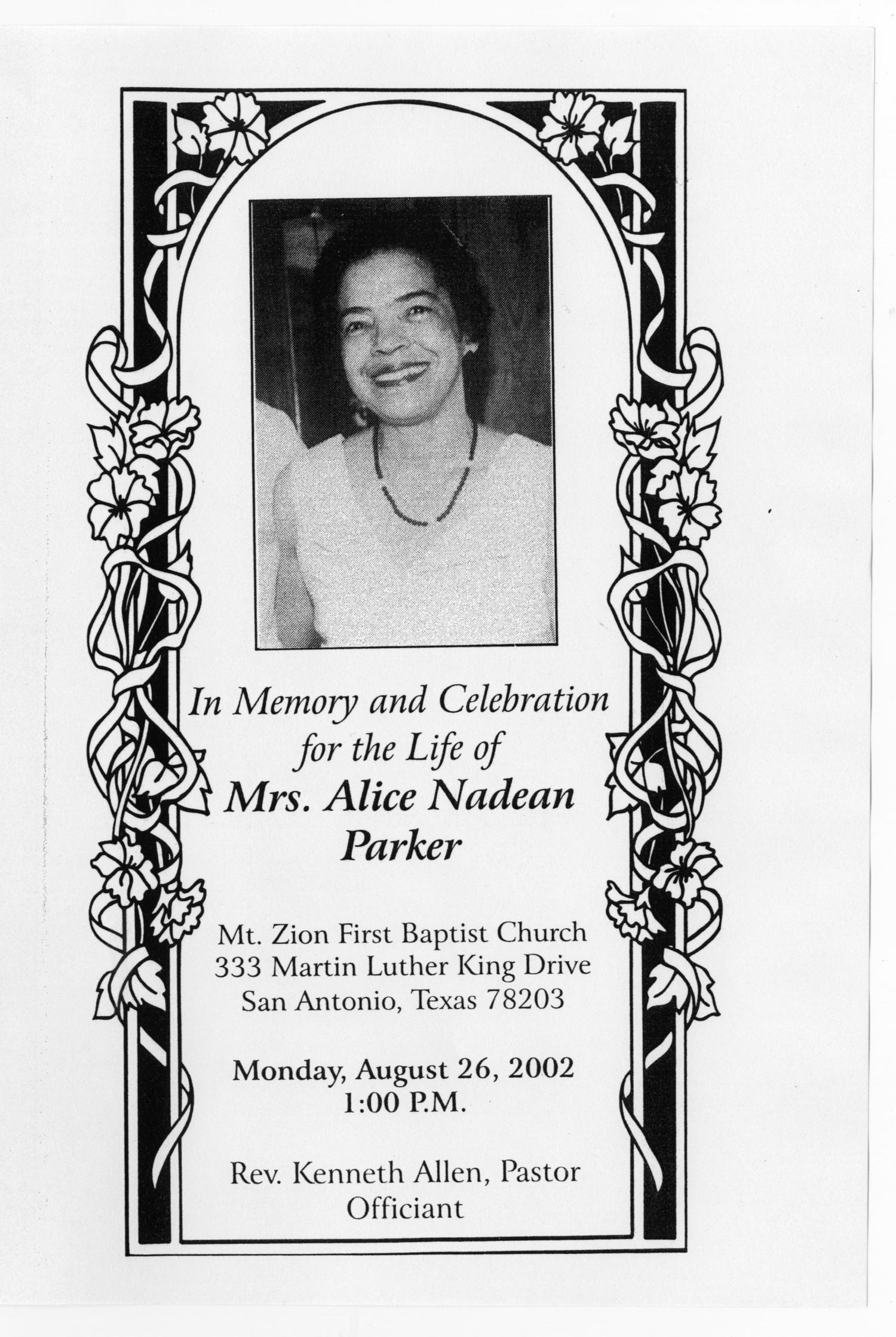 [Funeral Program for Alice Nadean Parker, August 26, 2002]
                                                
                                                    [Sequence #]: 1 of 5
                                                