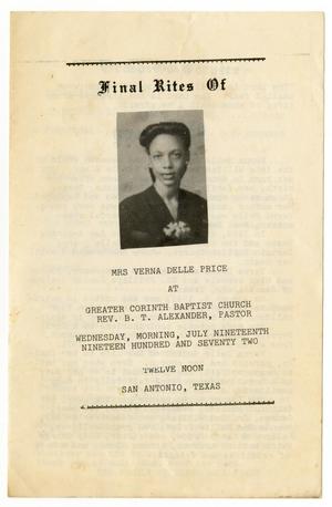 Primary view of object titled '[Funeral Program for Verna Delle Price, July 19, 1972]'.