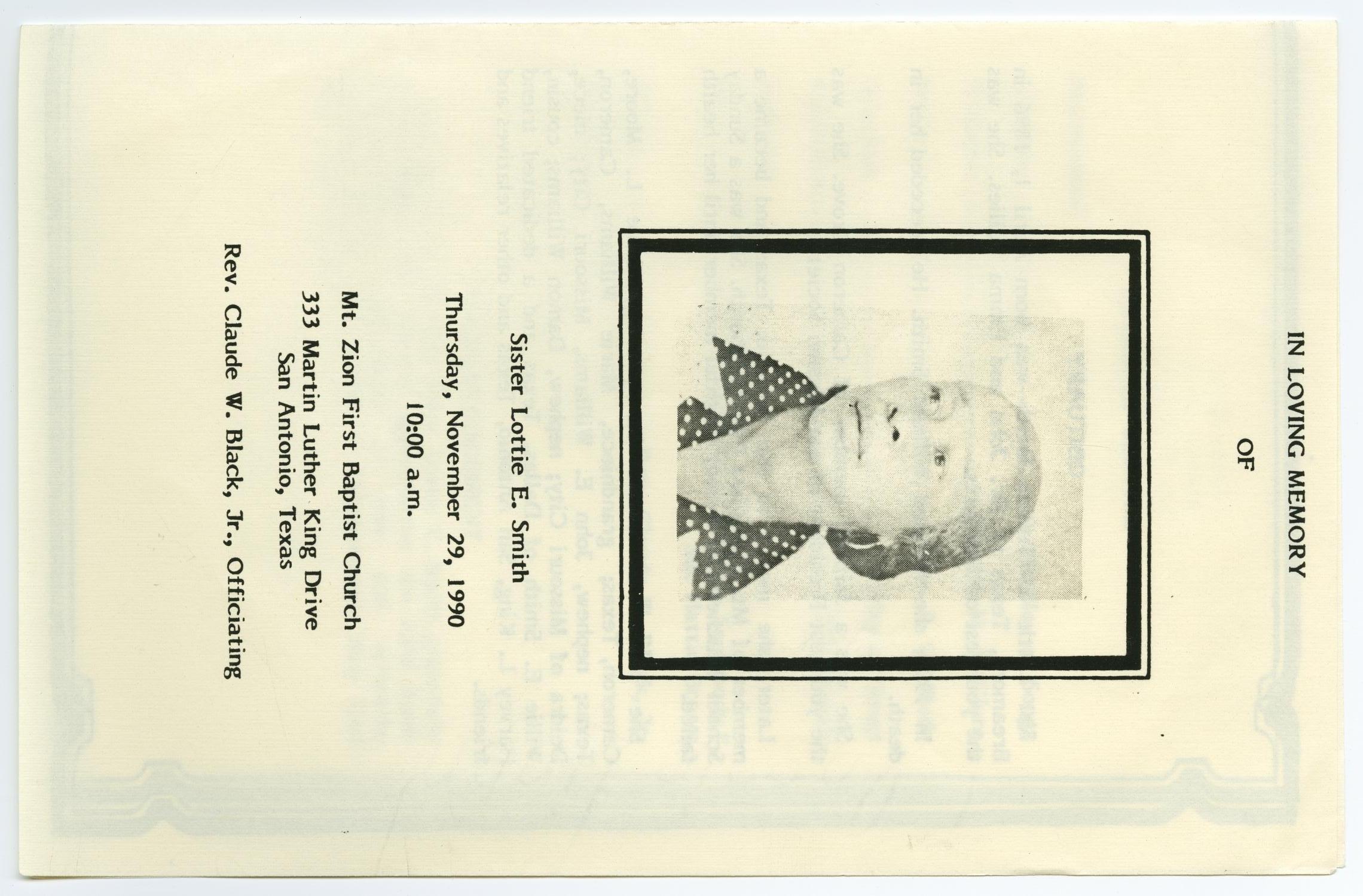 [Funeral Program for Lottie E. Smith, November 29, 1990]
                                                
                                                    [Sequence #]: 1 of 3
                                                
