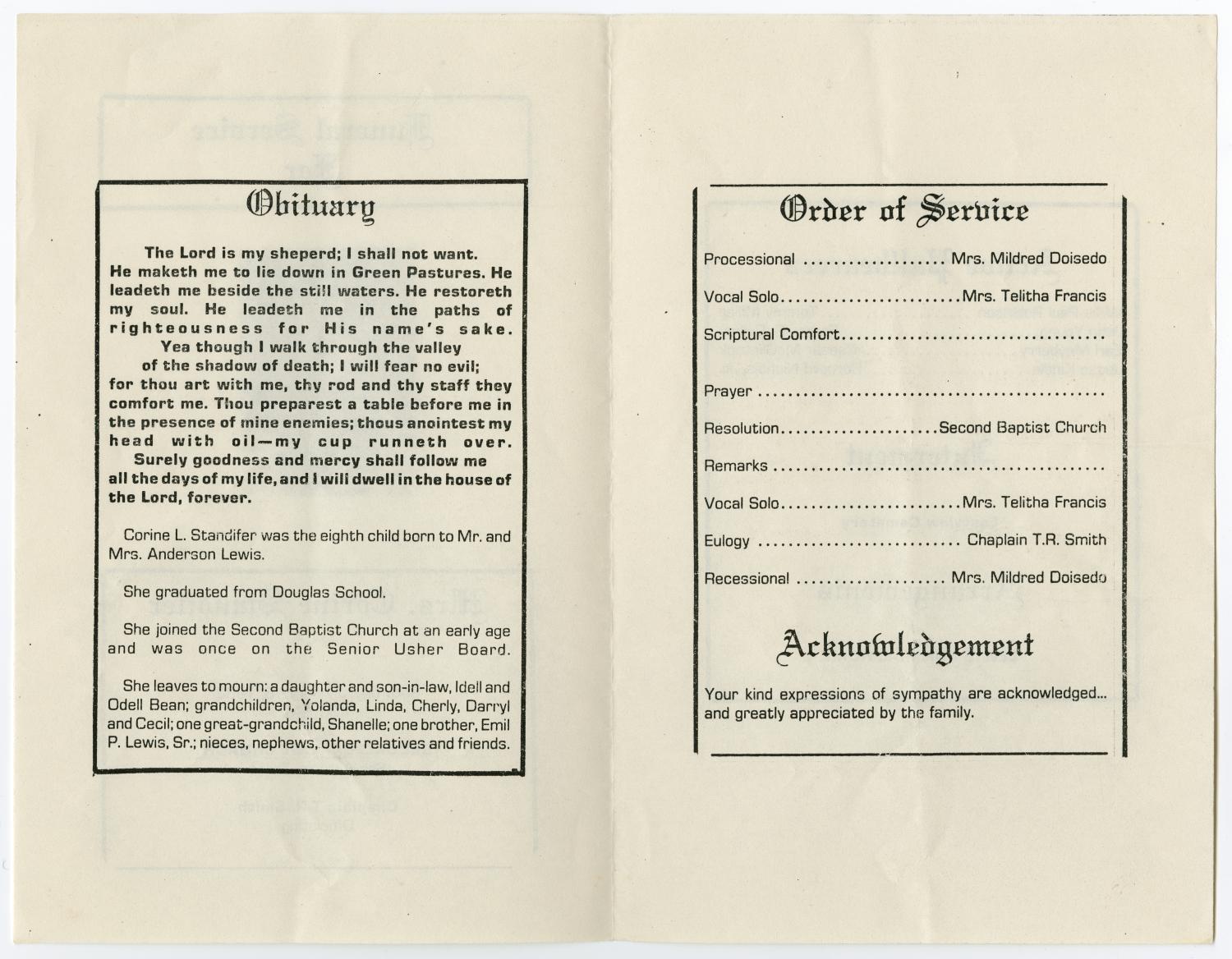 [Funeral Program for Corine Standifer, January 16, 1982]
                                                
                                                    [Sequence #]: 2 of 3
                                                