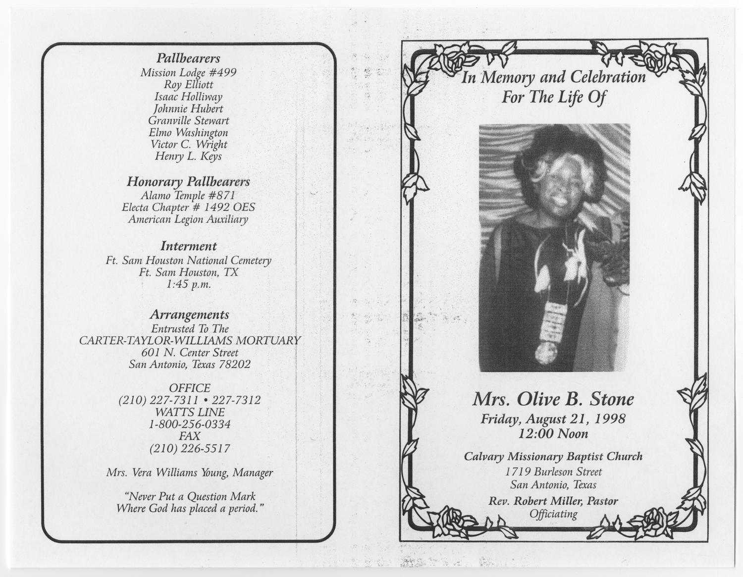 [Funeral Program for Olive B. Stone, August 21, 1998]
                                                
                                                    [Sequence #]: 3 of 5
                                                