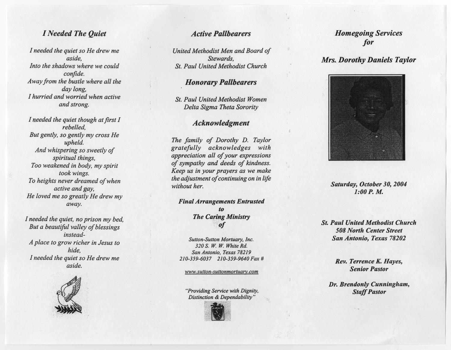 [Funeral Program for Dorothy Daniels Taylor, October 30, 2004]
                                                
                                                    [Sequence #]: 3 of 3
                                                