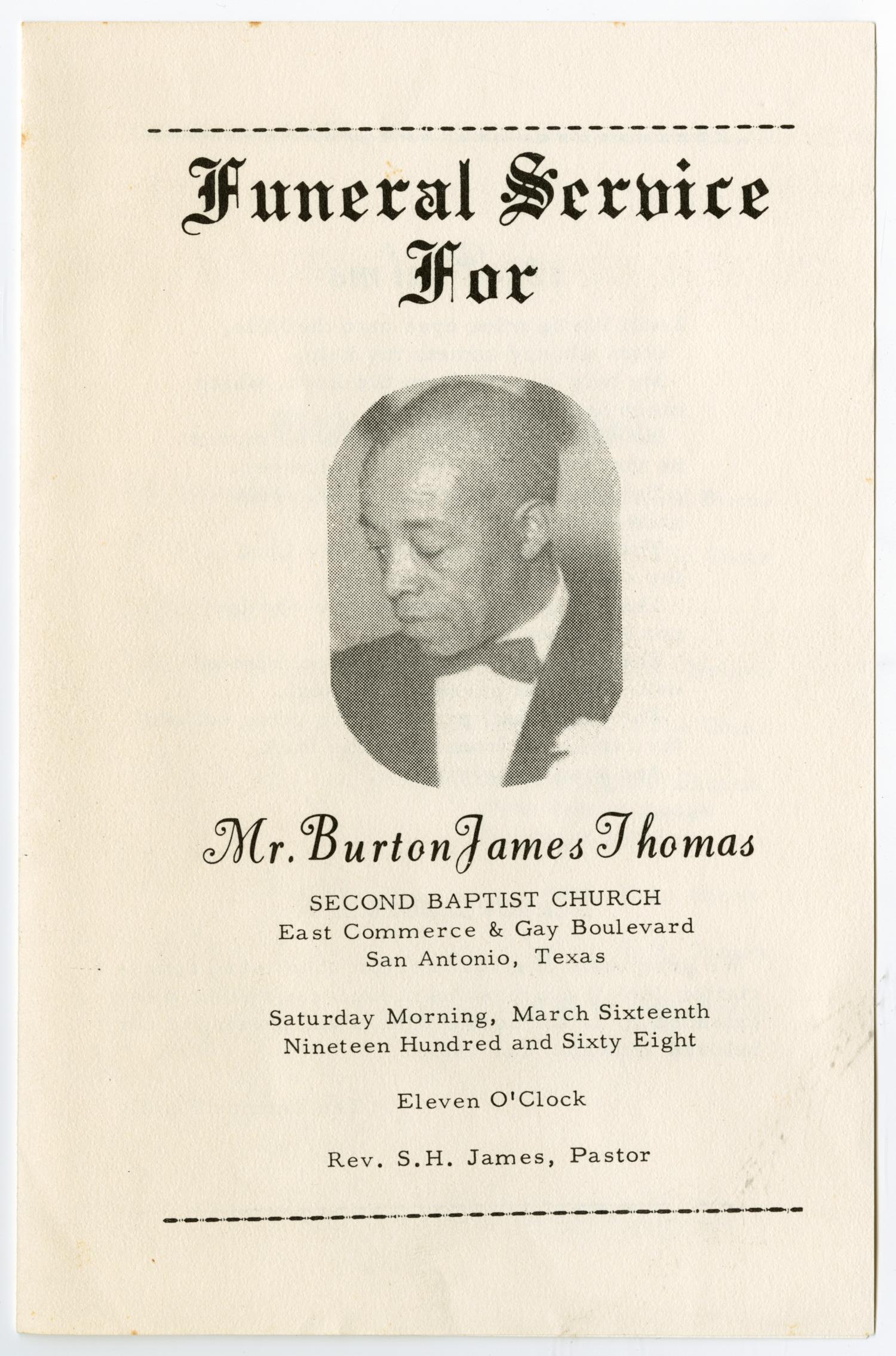 [Funeral Program for Burton James Thomas, March 16, 1968]
                                                
                                                    [Sequence #]: 1 of 3
                                                