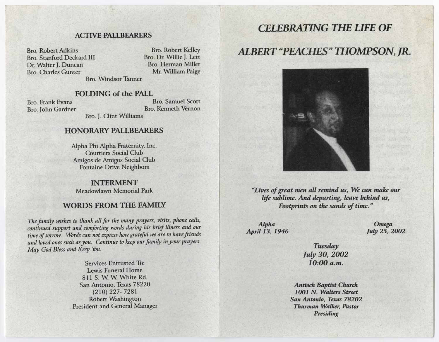 [Funeral Program for Albert Thompson, Jr., July 30, 2002]
                                                
                                                    [Sequence #]: 3 of 5
                                                