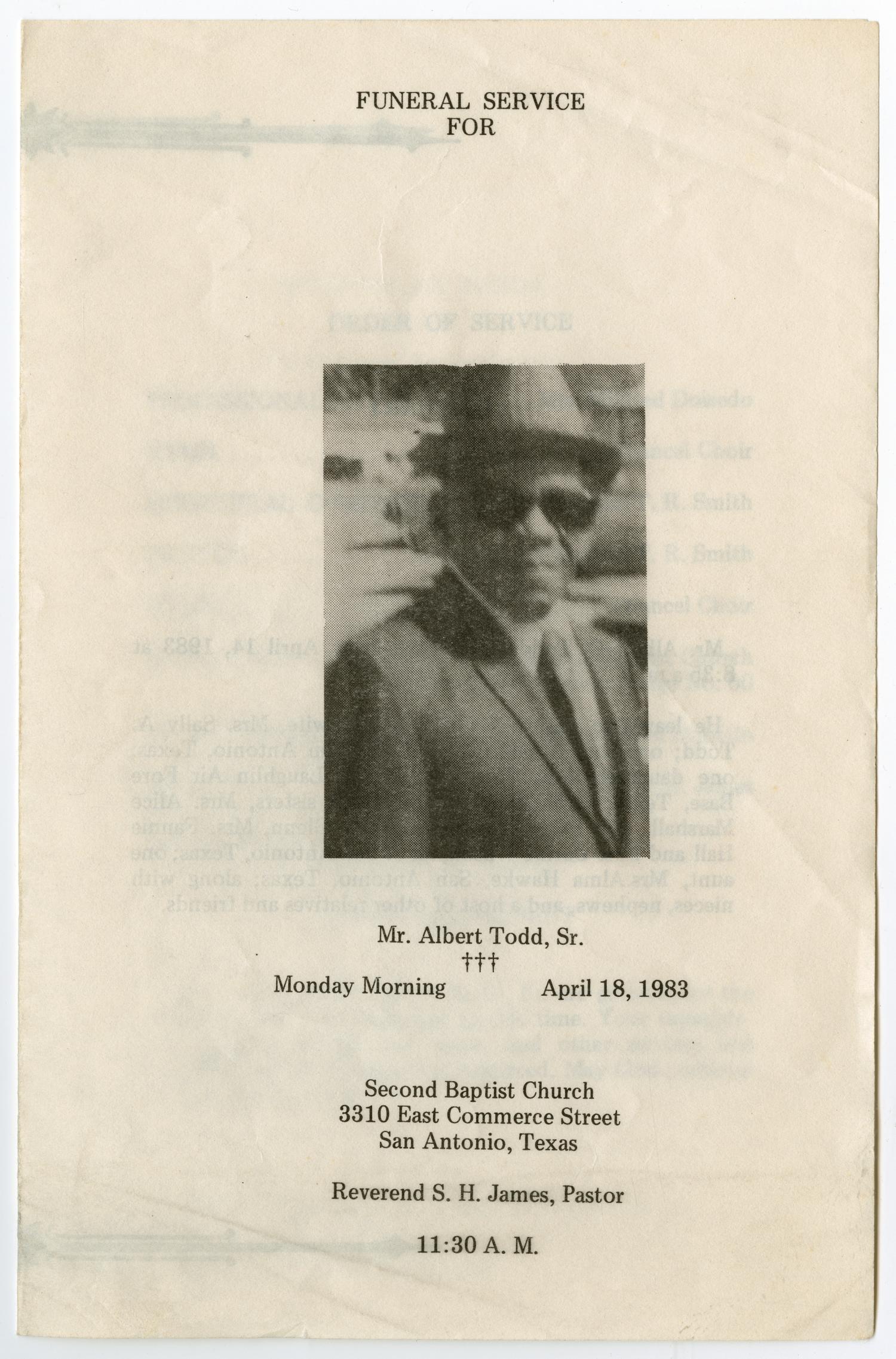 [Funeral Program for Albert Todd, Sr., April 18, 1983]
                                                
                                                    [Sequence #]: 1 of 3
                                                