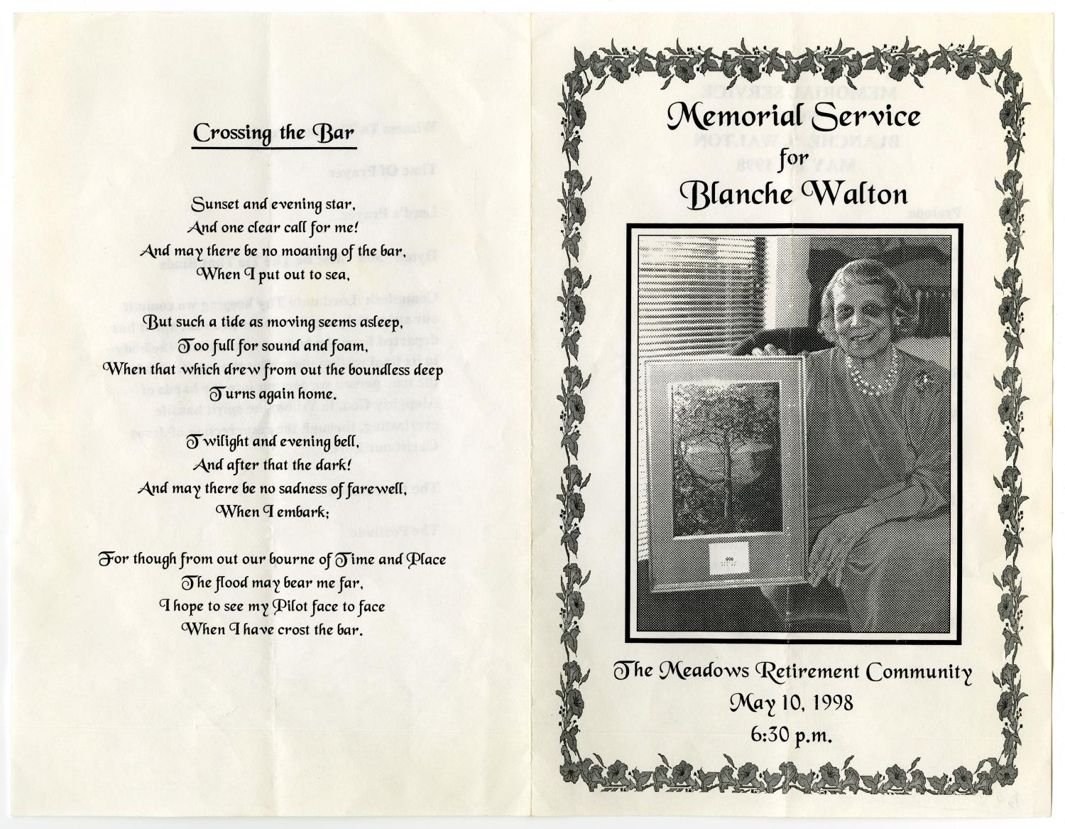 [Memorial Service Program for Blanche Walton, May 10, 1998]
                                                
                                                    [Sequence #]: 3 of 3
                                                