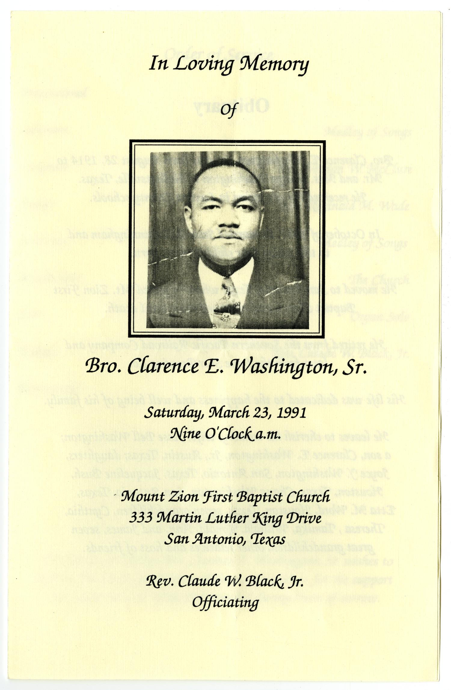 [Funeral Program for Clarence E. Washington, Sr., March 23, 1991]
                                                
                                                    [Sequence #]: 1 of 3
                                                