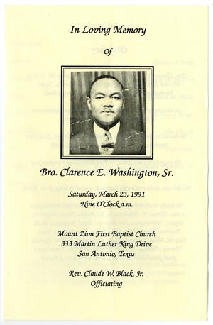 Primary view of object titled '[Funeral Program for Clarence E. Washington, Sr., March 23, 1991]'.