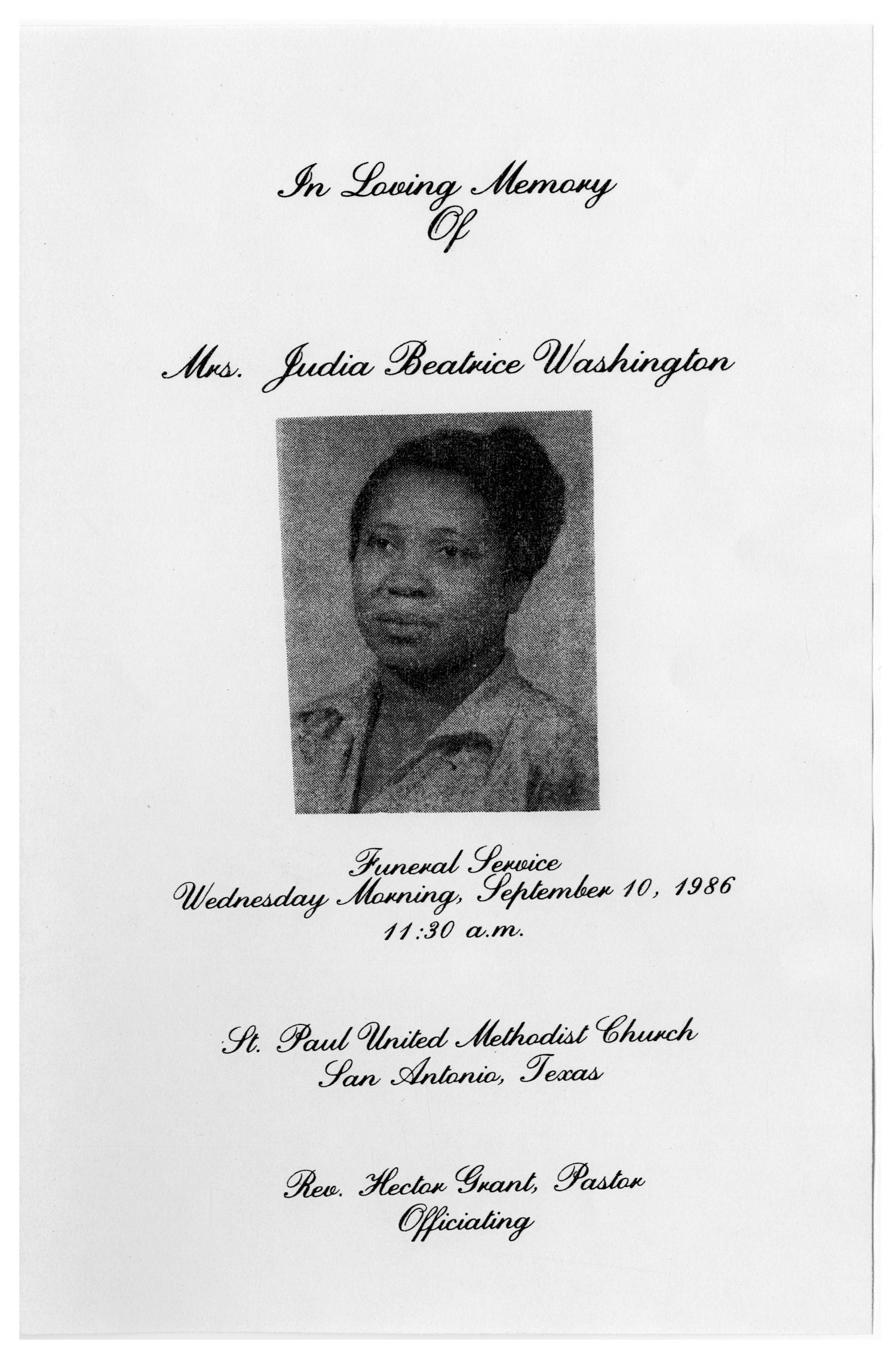 [Funeral Program for Judia Beatrice Washington, September 10, 1986]
                                                
                                                    [Sequence #]: 1 of 3
                                                