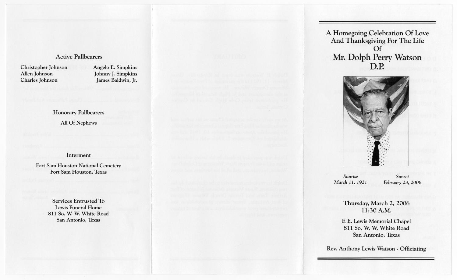[Funeral Program for Dolph Perry Watson, March 2, 2006]
                                                
                                                    [Sequence #]: 3 of 3
                                                