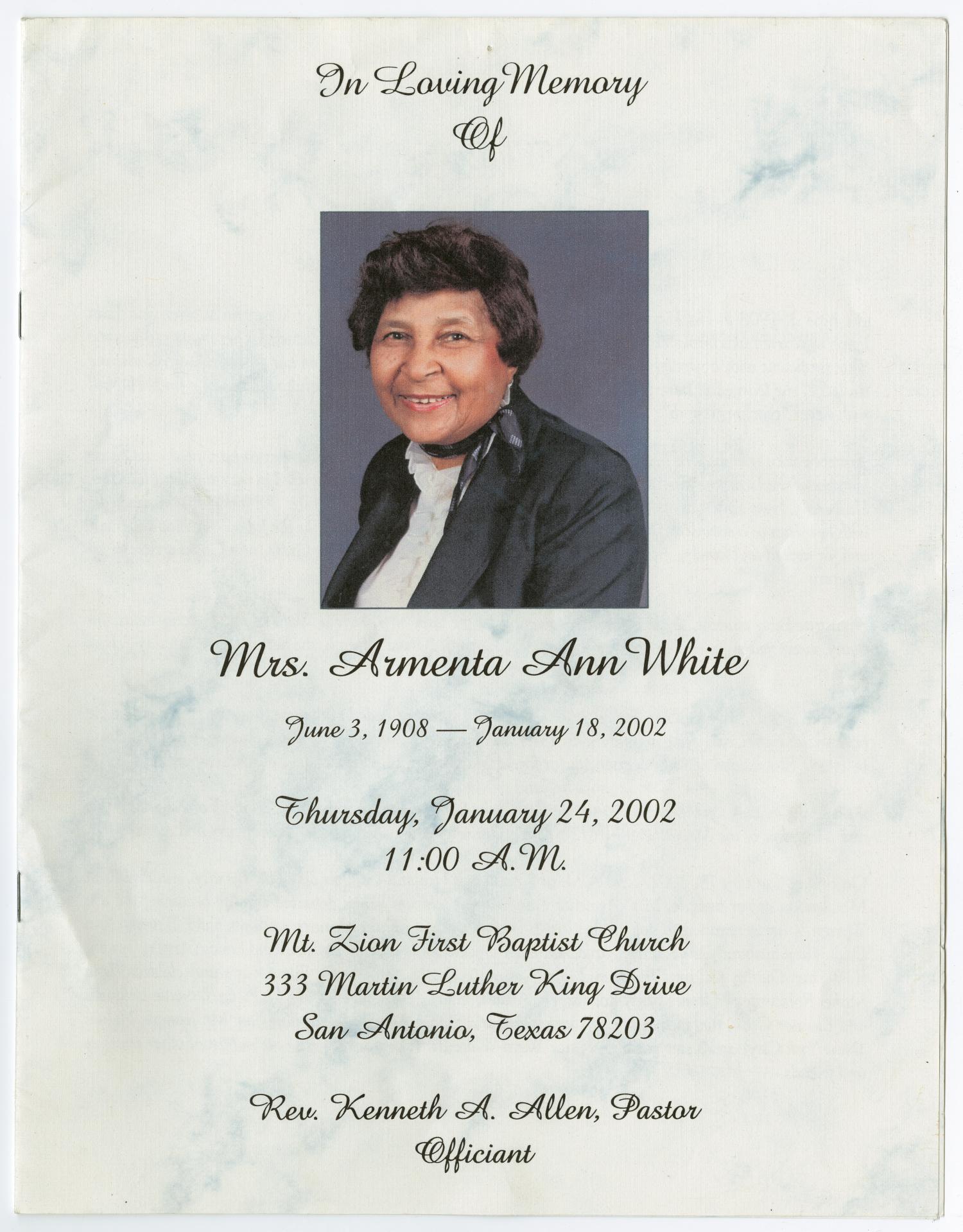 [Funeral Program for Armenta Ann White, January 24, 2002]
                                                
                                                    [Sequence #]: 1 of 8
                                                