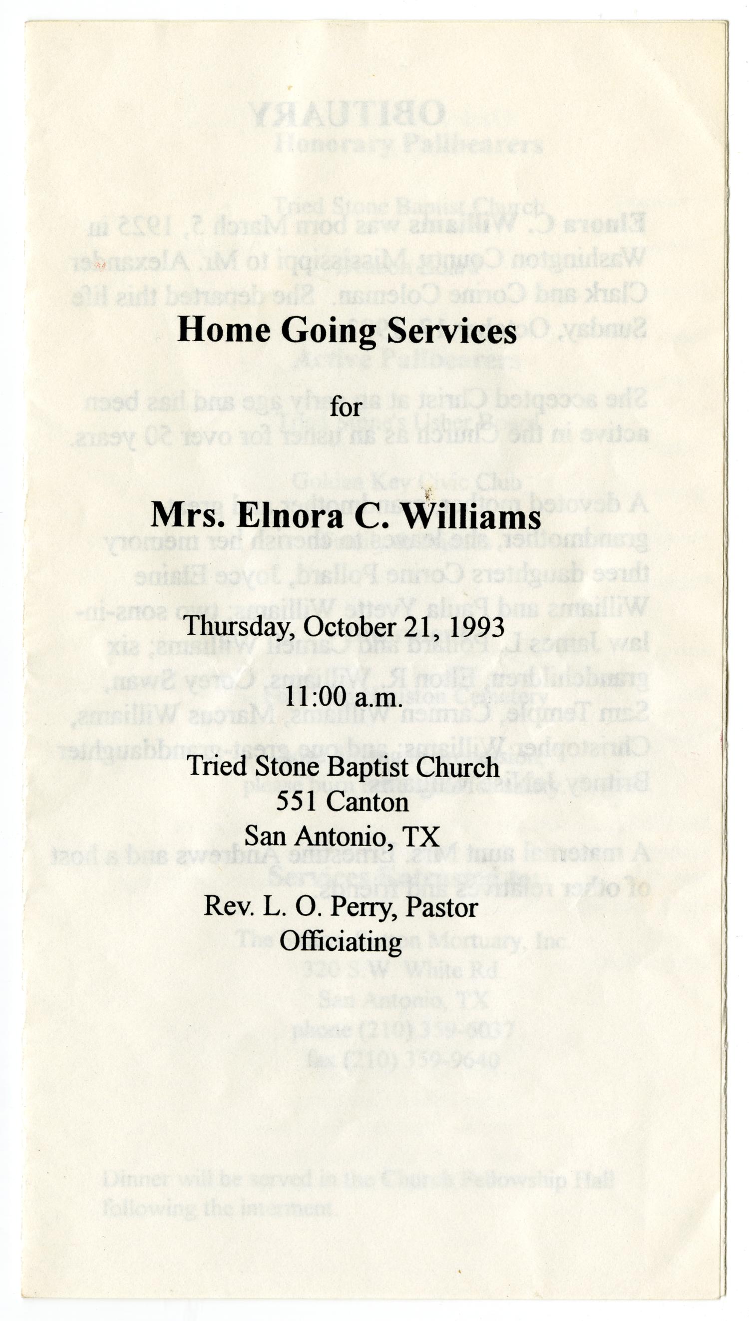 [Funeral Program for Elnora C. Williams, October 21, 1993]
                                                
                                                    [Sequence #]: 1 of 3
                                                