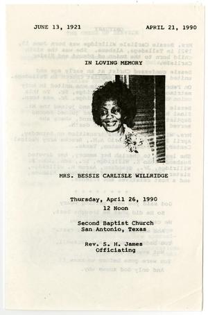 Primary view of object titled '[Funeral Program for Bessie Carlisle Willridge, April 26, 1990]'.