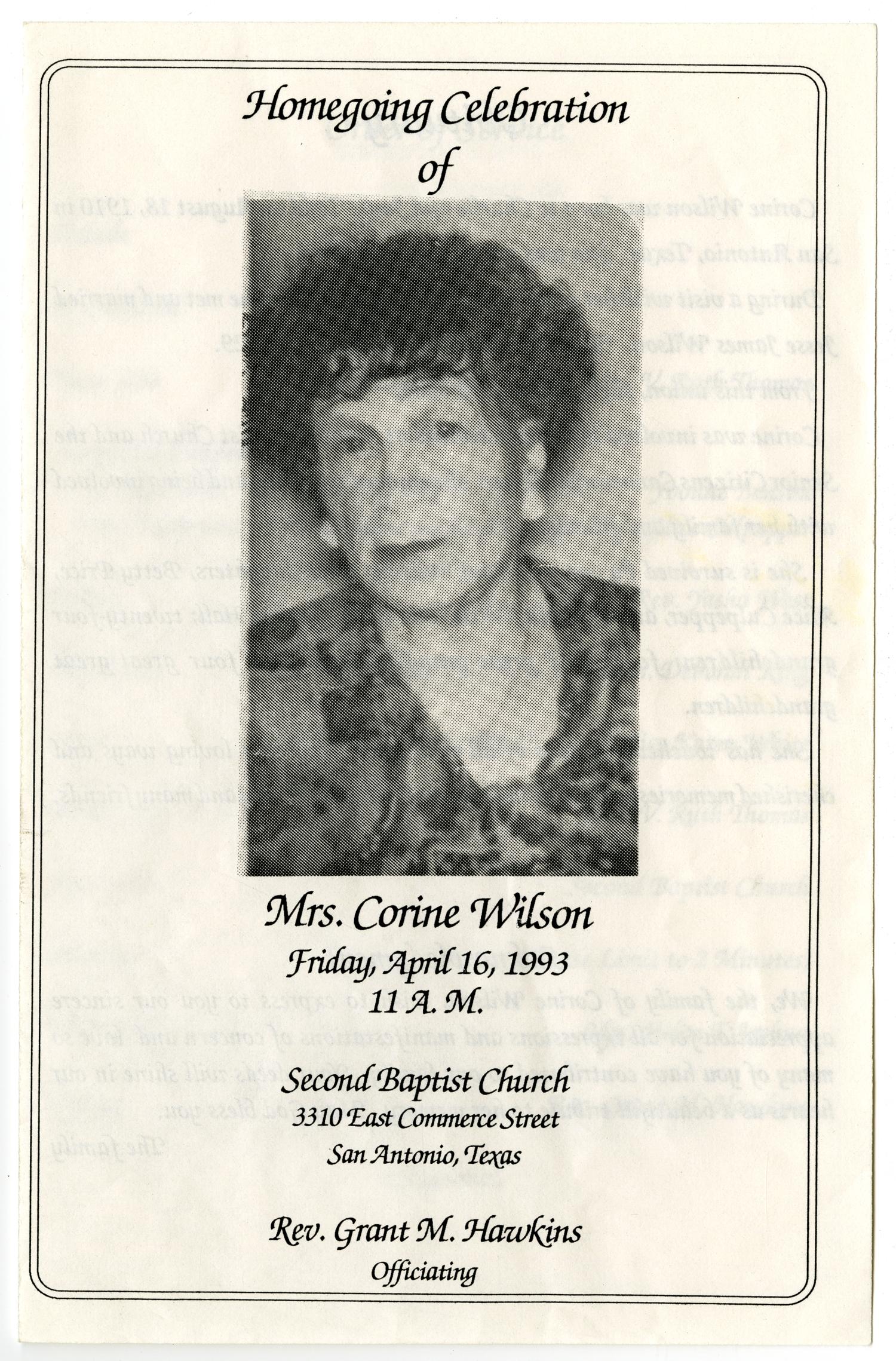 [Funeral Program for Corine Wilson, April 16, 1993]
                                                
                                                    [Sequence #]: 1 of 3
                                                
