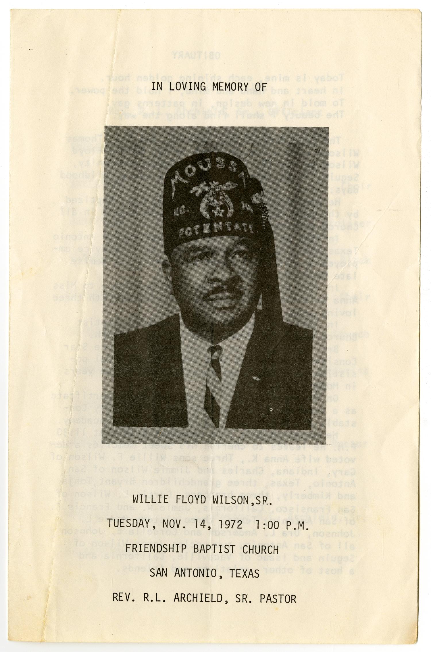 [Funeral Program for Willie Floyd Wilson, Sr., November 14, 1972]
                                                
                                                    [Sequence #]: 1 of 3
                                                