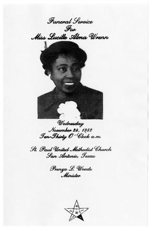 Primary view of object titled '[Funeral Program for Lucille Alma Wrenn, November 24, 1982]'.