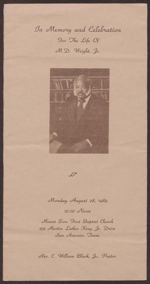 Primary view of object titled '[Funeral Program for M. D. Wright, Jr., August 28, 1989]'.