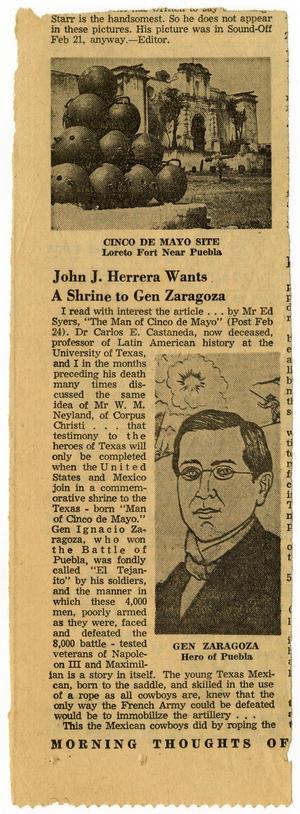 Primary view of object titled 'John J. Herrera Wants A Shrine to Gen Zaragoza, page one'.