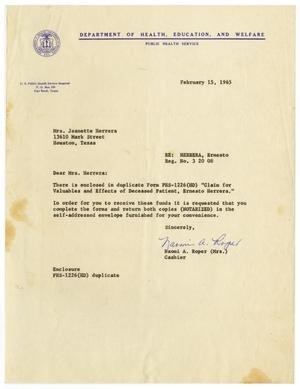 Primary view of object titled '[Letter from Naomi A. Roper to Jeanette Herrera - 1965-02-15]'.