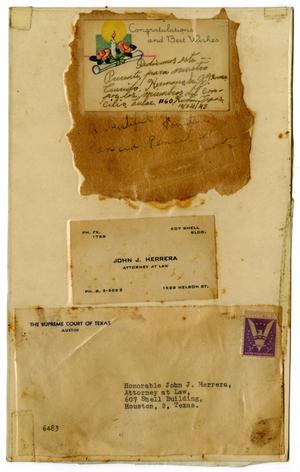 Primary view of object titled '[Clipping from scrapbook - includes greeting card, business card, and envelope addressed to John J. Herrera]'.