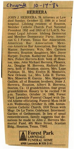 Primary view of object titled '[Obituary for John J. Herrera, Houston Chronicle - 1986-10-14]'.