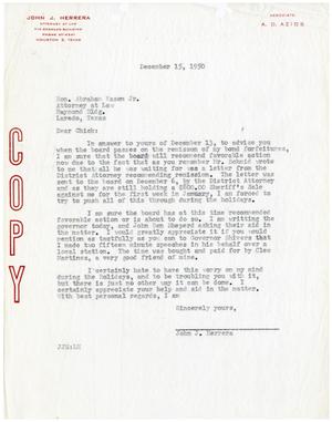 Primary view of object titled '[Letter from John J. Herrera to Abraham Kazen, Jr. - 1950-12-15]'.