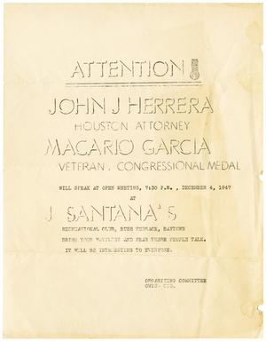 Primary view of object titled '[Notice of meeting at J Santana's Recreational Club - 1947-12-04]'.