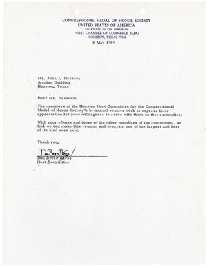 Primary view of object titled '[Letter from the Houston Host Committee for the Congressional Medal of Honor Society to John J. Herrera - 1969-05-06]'.