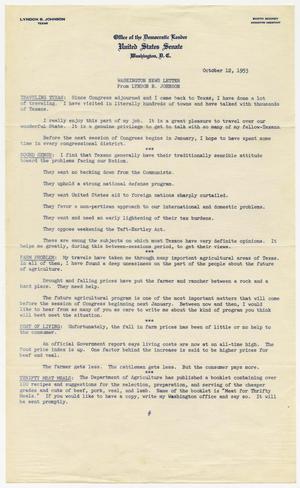 Primary view of object titled '[Washington News Letter from Lyndon B. Johnson - 1953-10-12]'.