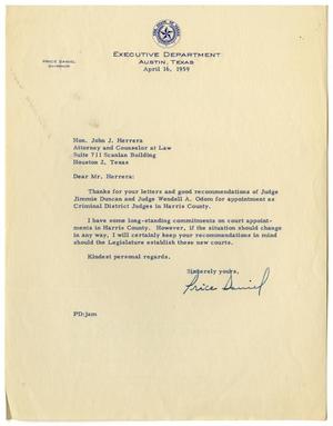 Primary view of object titled '[Letter from Price Daniel to John J. Herrera - 1959-04-16]'.