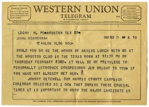 Primary view of object titled '[Telegram from Amon G. Carter to John J. Herrera - 1961-02-21]'.