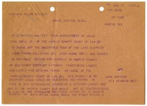 Primary view of object titled '[Telegram from John J. Herrera, A. D. Azios, and James DeAnda, James to Allan Shivers]'.
