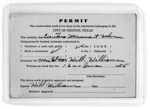 Primary view of object titled '[Cemetery permit for Mr. and Mrs. Will Williams]'.