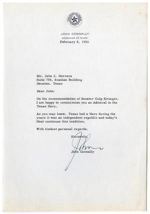 Primary view of object titled '[Letter from John B. Connally to John J. Herrera - 1966-02-08]'.