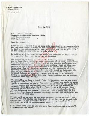 Primary view of object titled '[Letter from John J. Herrera to John B. Connally - 1962-06-09]'.