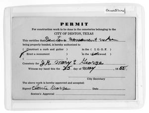 Primary view of object titled '[Cemetery permit for J. R. & Mary E. George]'.