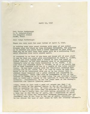 Primary view of object titled '[Letter from John J. Herrera to Ralph Yarborough - 1957-04-15]'.