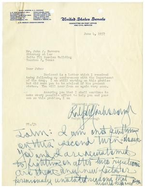Primary view of object titled '[Letter from Ralph Yarborough to John J. Herrera - 1957-06-04]'.
