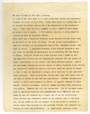 Primary view of object titled '[Speech by John J. Herrera for a radio broadcast endorsing Ralph Yarborough for Governor]'.