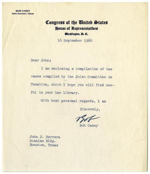 Primary view of object titled '[Letter from Bob Casey to John J. Herrera - 1960-09-16]'.