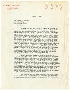 Primary view of [Letter from John J. Herrera to Alonso S. Perales - 1947-03-13]