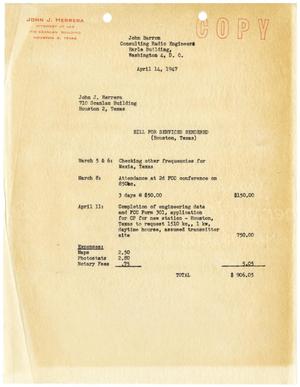 Primary view of object titled '[Bill for Services Rendered for John J. Herrera by John H. Barron - April 14, 1947]'.