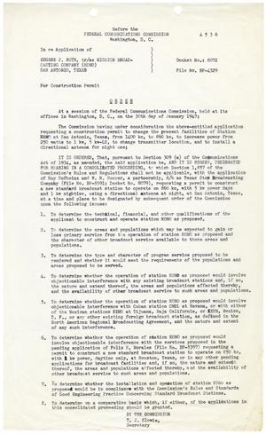 Primary view of [Federal Communicaton Commission Order for Construction Permit, Eugene J. Roth, January 30, 1947]
